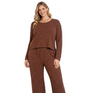 Knit Ribbed Loungewear Set Long Sleeve Long Pants Brown Casual 2 Piece Size M